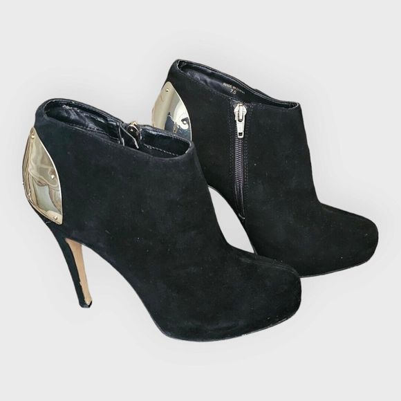 DV -  DOLCE VITA WOMEN'S "BANSI" ANKLE BOOT BLACK SUEDE GOLD ACCENTS US SIZE 7.5 - Picture 1 of 11